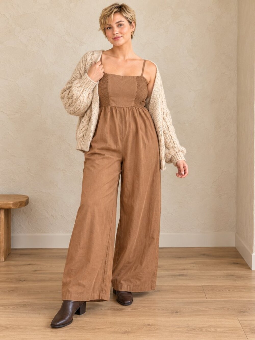 NEW Beyond Words Wide-Leg Smocked Bodice Jumpsuit in Brown Large